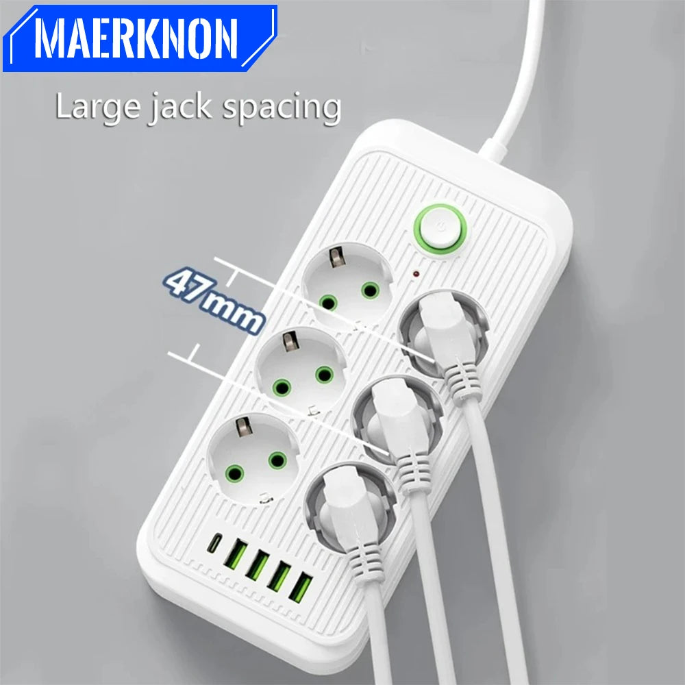2M EU Plug Power Strip Surge Protector — Multi Outlet Extension Cord with 4 USB Ports & USB-C Fast Charging