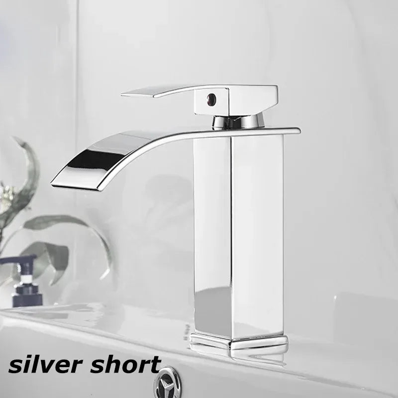 Black Waterfall Bathroom Basin Faucet – Stainless Steel Deck-Mounted High-Low Mixer Tap, Hot & Cold