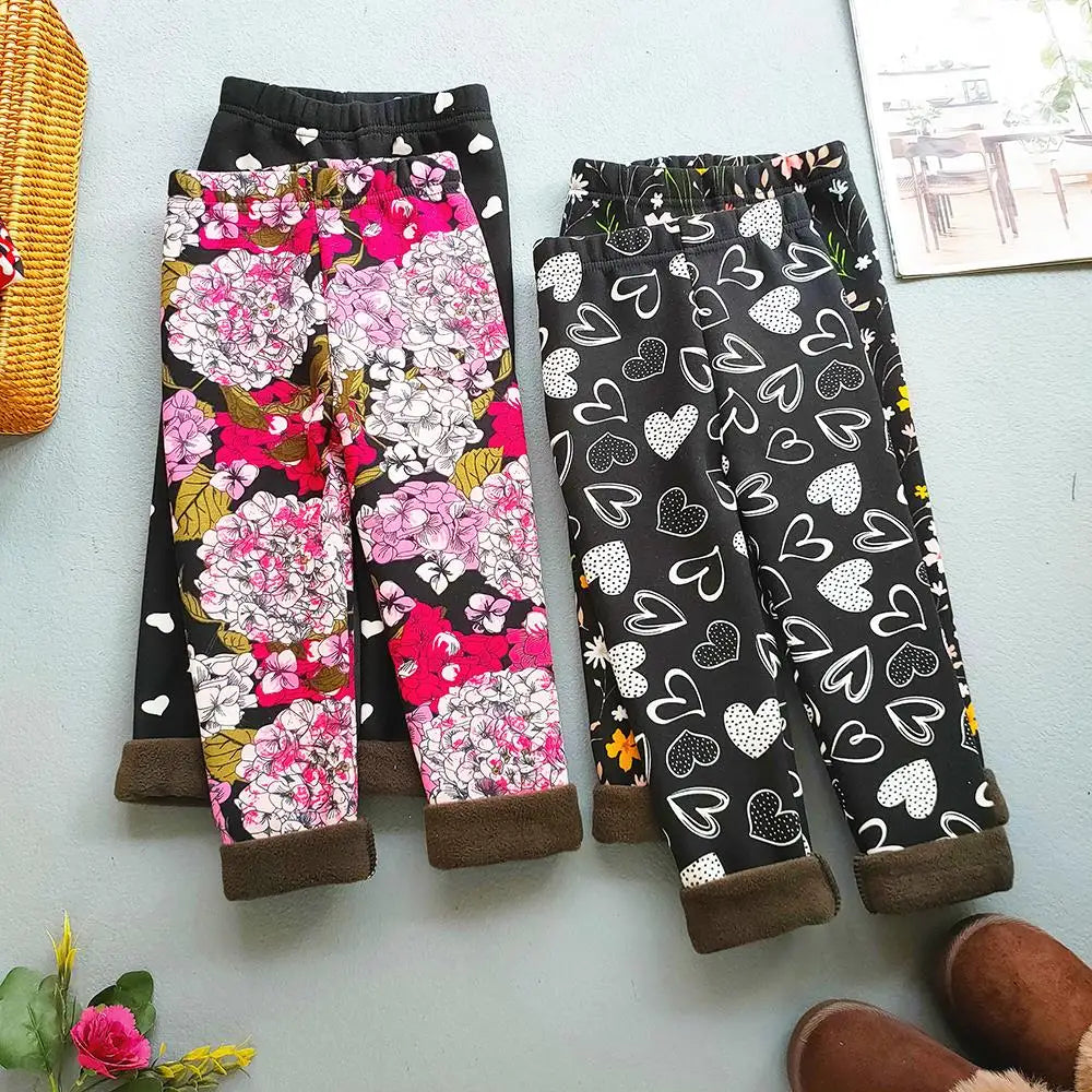 Girls Floral Fleece-Lined Leggings - Thick Warm Winter Pants for Toddlers and Kids (2-11 Years)
