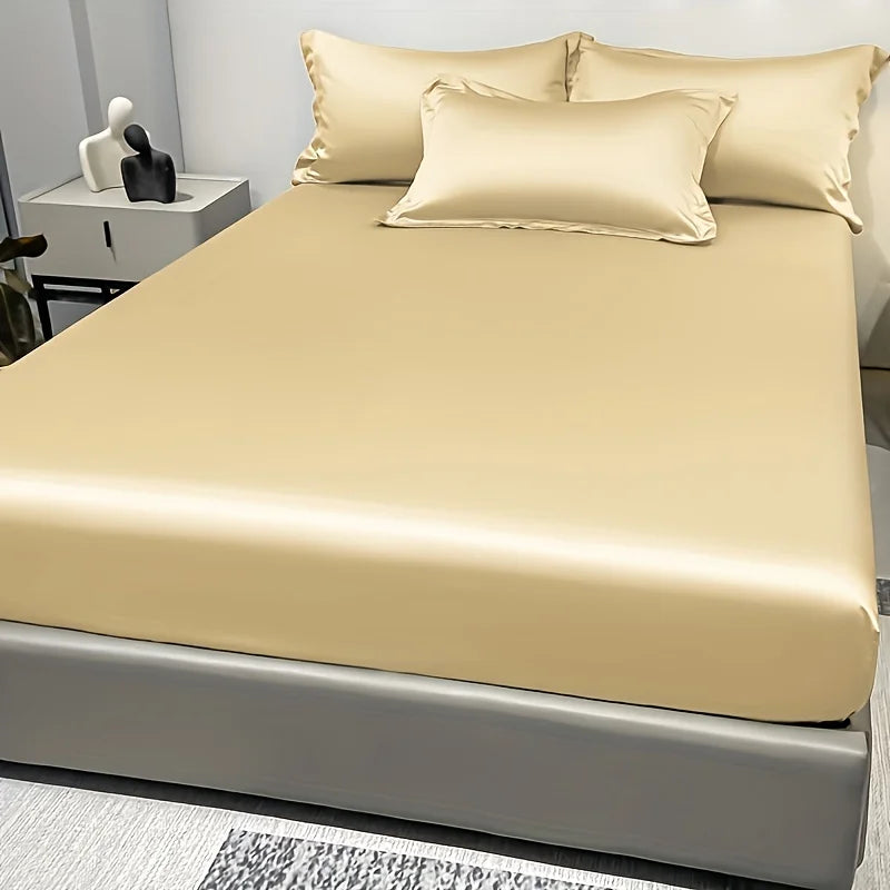 Satin Ice Silk Solid Fitted Sheet — 1-Piece Bed Sheet (Pillowcase Not Included)