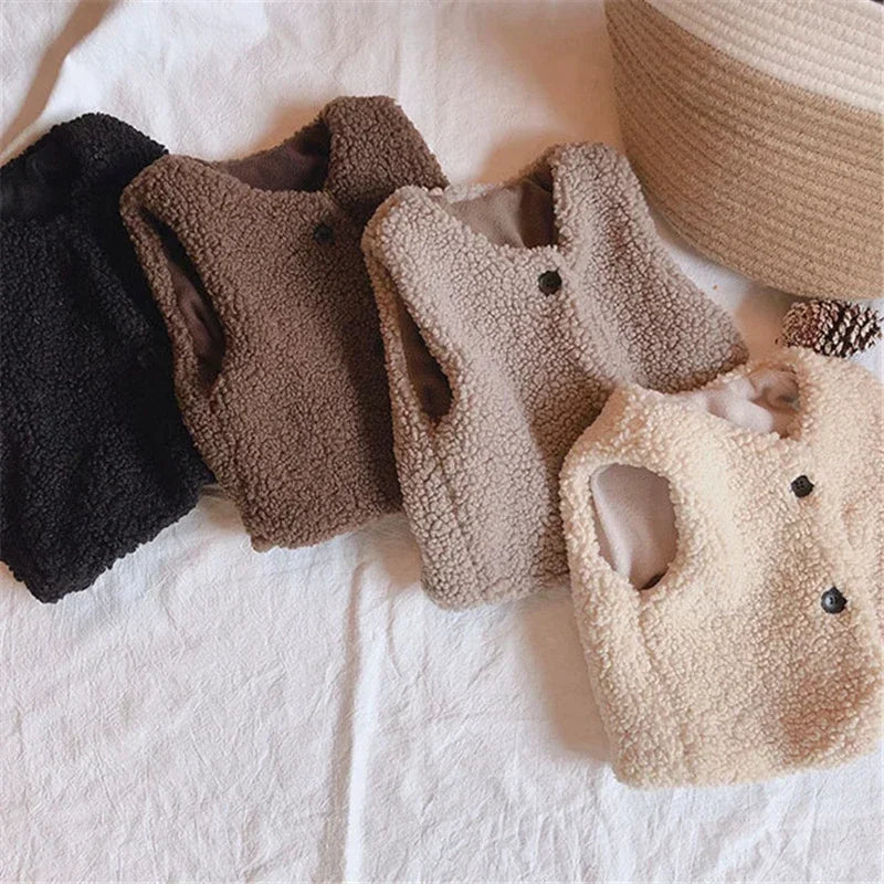 Kids Faux Lamb Wool Vest – Plush V-Neck Sleeveless Coat for Boys & Girls, Warm Autumn Winter Waistcoat