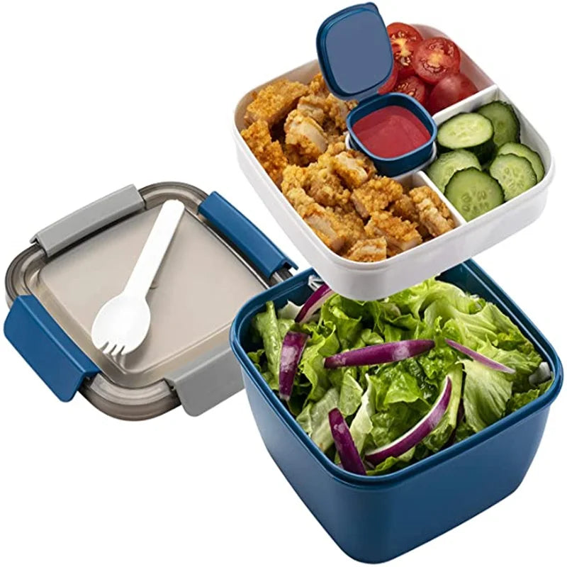 38 oz (1.12 L) Portable Salad Lunch Bowl - 3-Compartment Leakproof Bento Box with Dressing Cup & Utensil
