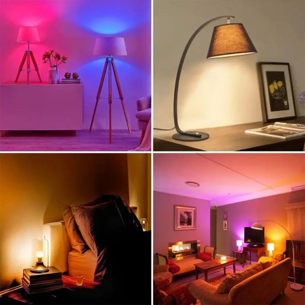 E27 RGBW LED bulb used in various room settings with colorful lighting