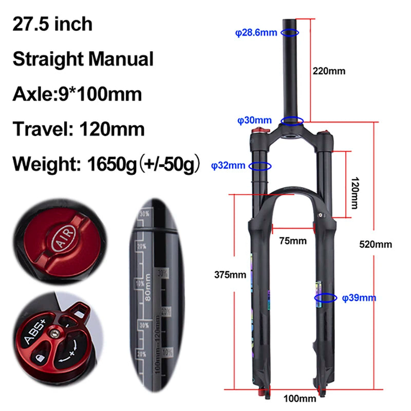 MTB Air Suspension Fork — 120mm Travel, Rebound Adjustable, 26/27.5/29 in, 9x100mm Quick Release, Disc Brake Compatible