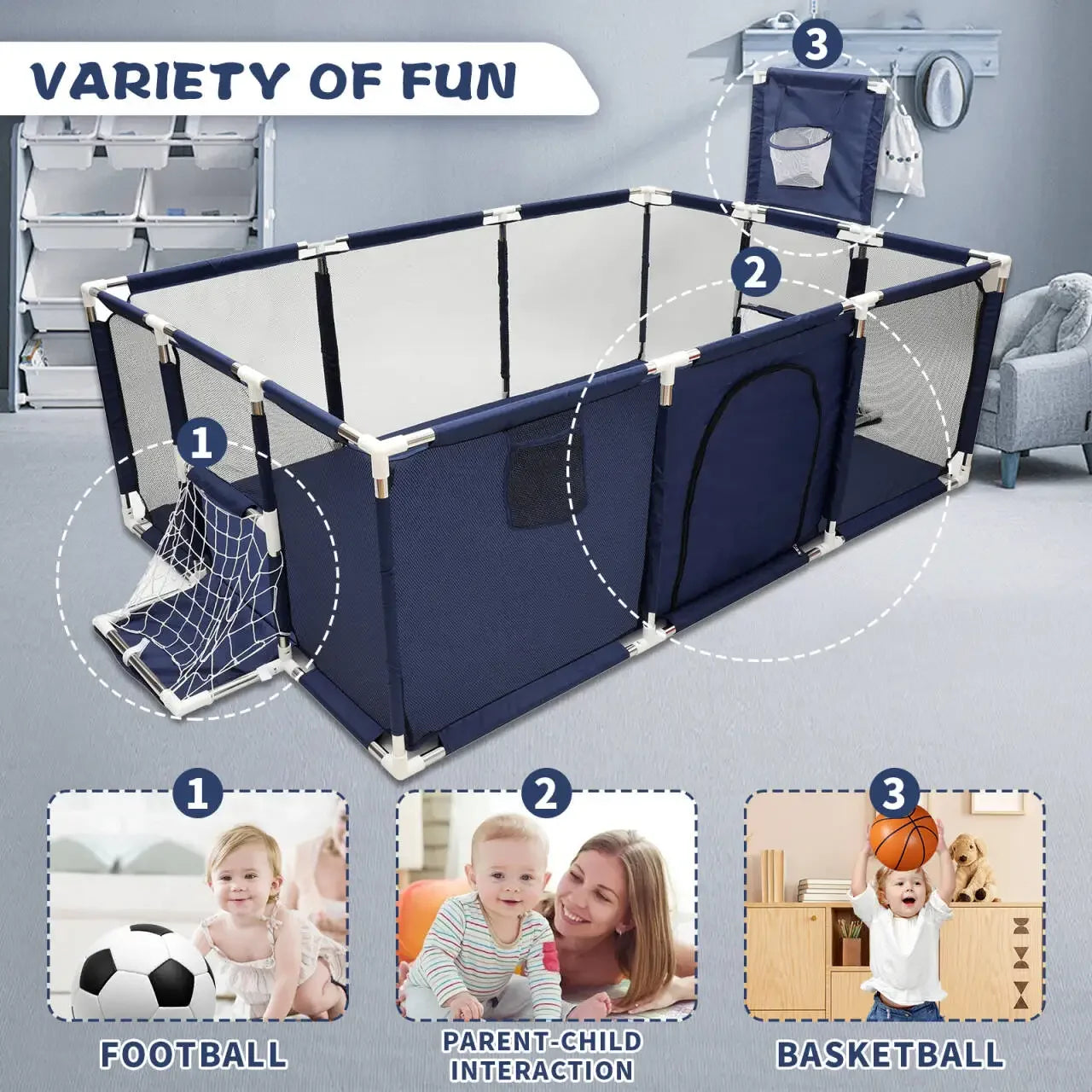 Baby Playpen Indoor Play Yard with Basketball Hoop, Activity Fence for Toddlers