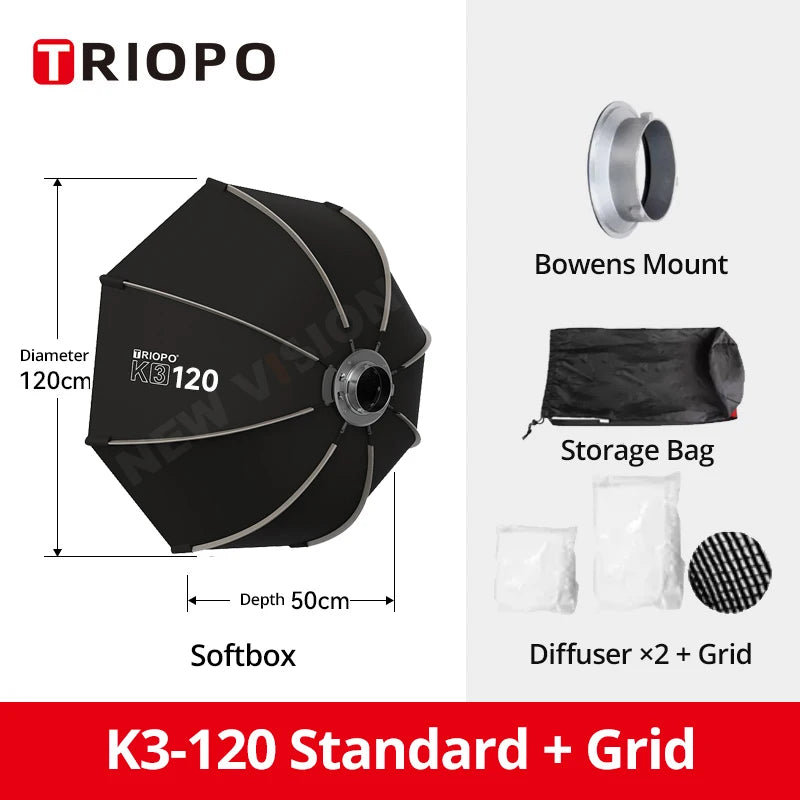 Quick-Setup Octagon Softbox with Bowens Mount — 55/65/90/120cm (21.7/25.6/35.4/47.2 in) for Studio LED Video Lights