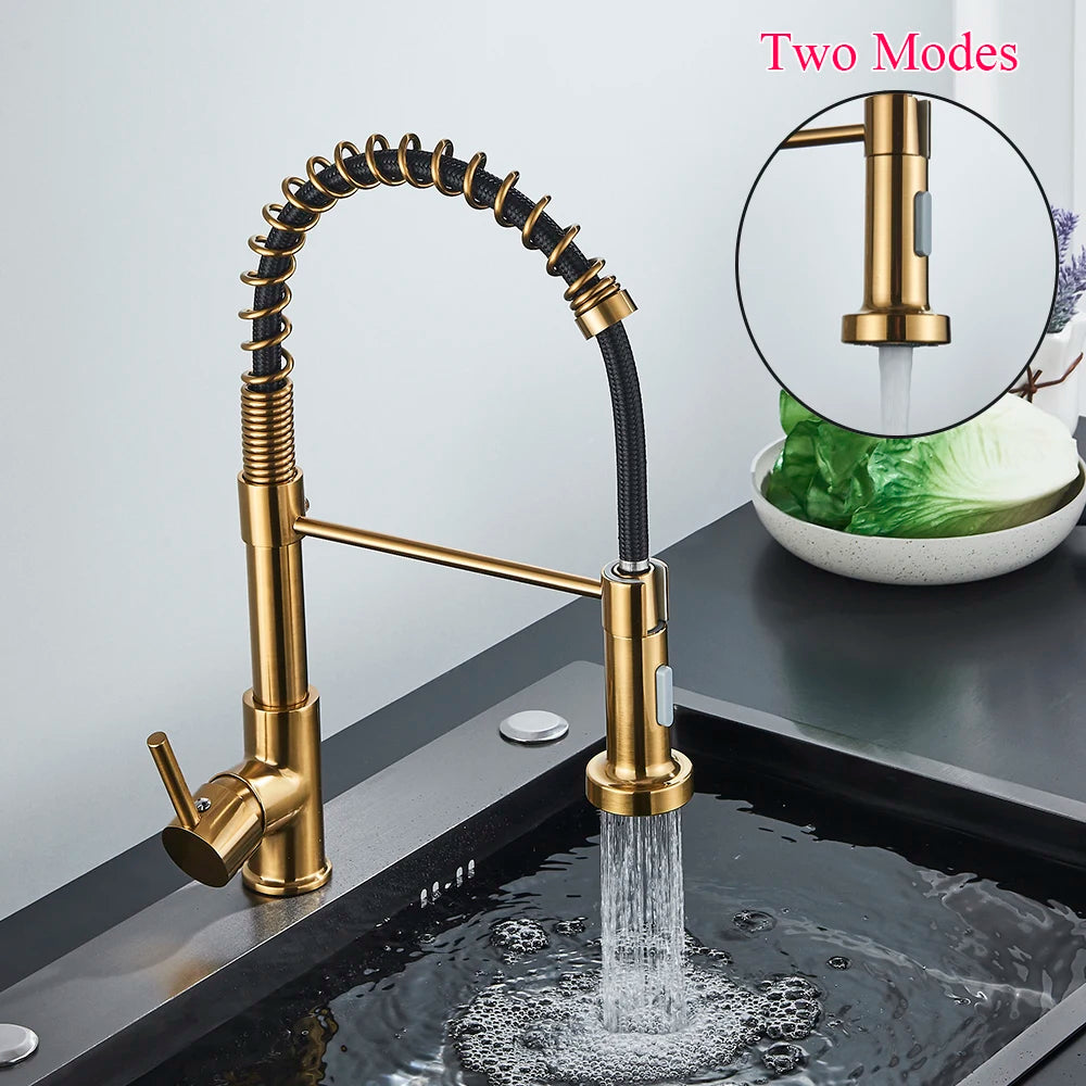 Brushed Gold Pull-Down Kitchen Faucet, Spring Spout Single-Handle Deck-Mount Hot & Cold Mixer