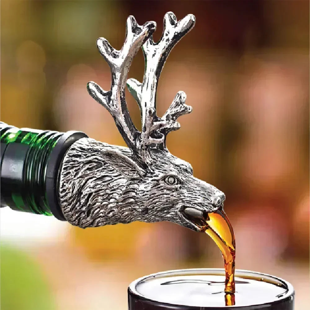 Deer Head Wine Pourer & Stopper - Stainless Steel Bottle Pour Spout for Wine & Champagne, Bar Accessory (Silver/Gold)