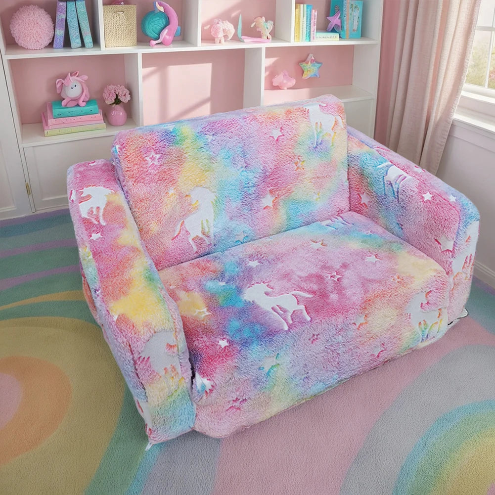 2-in-1 Foldable Toddler Sofa Chair Glow-in-the-Dark Plush Kids Couch and Recliner