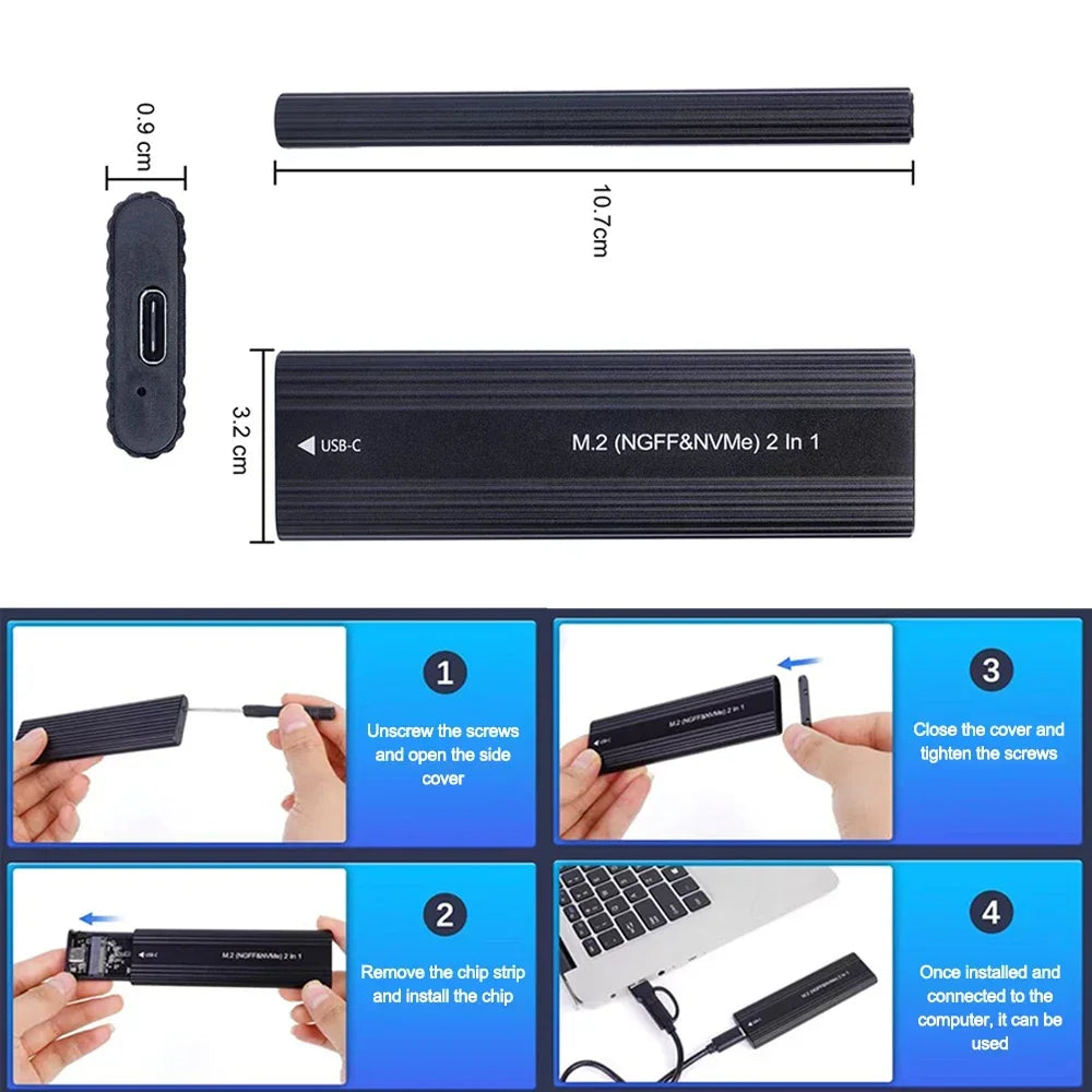M.2 NVMe/SATA Dual-Protocol SSD Enclosure USB-C 3.1 — 10Gbps External M.2 Case (2230/2242/2260/2280)