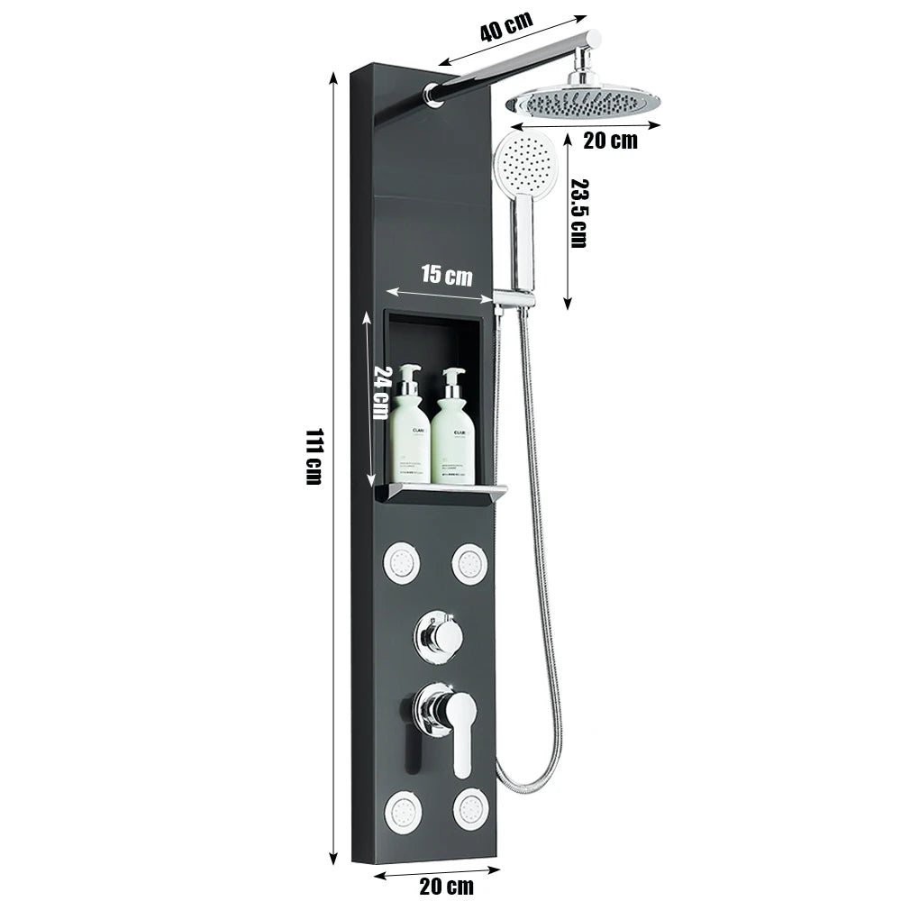 Black Shower Panel Column with Rain & Waterfall Shower Head, Massage Jets and Mixer Faucet