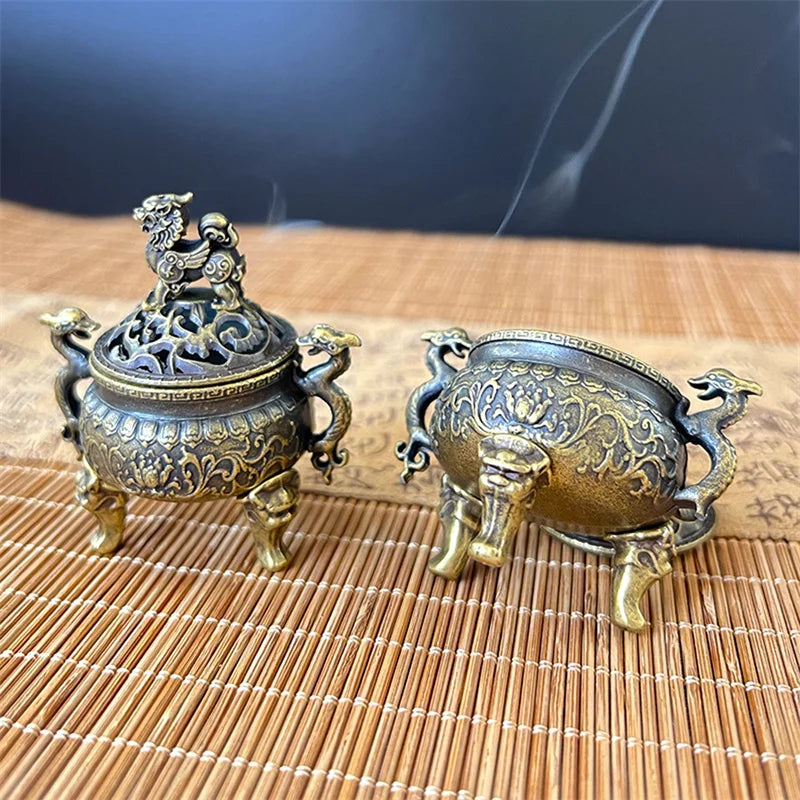 Vintage Alloy Incense Burner Three-Legged Hollow-Out Mini Sandalwood Censer Incense Stick Holder (2.36 in / 6.0 cm)