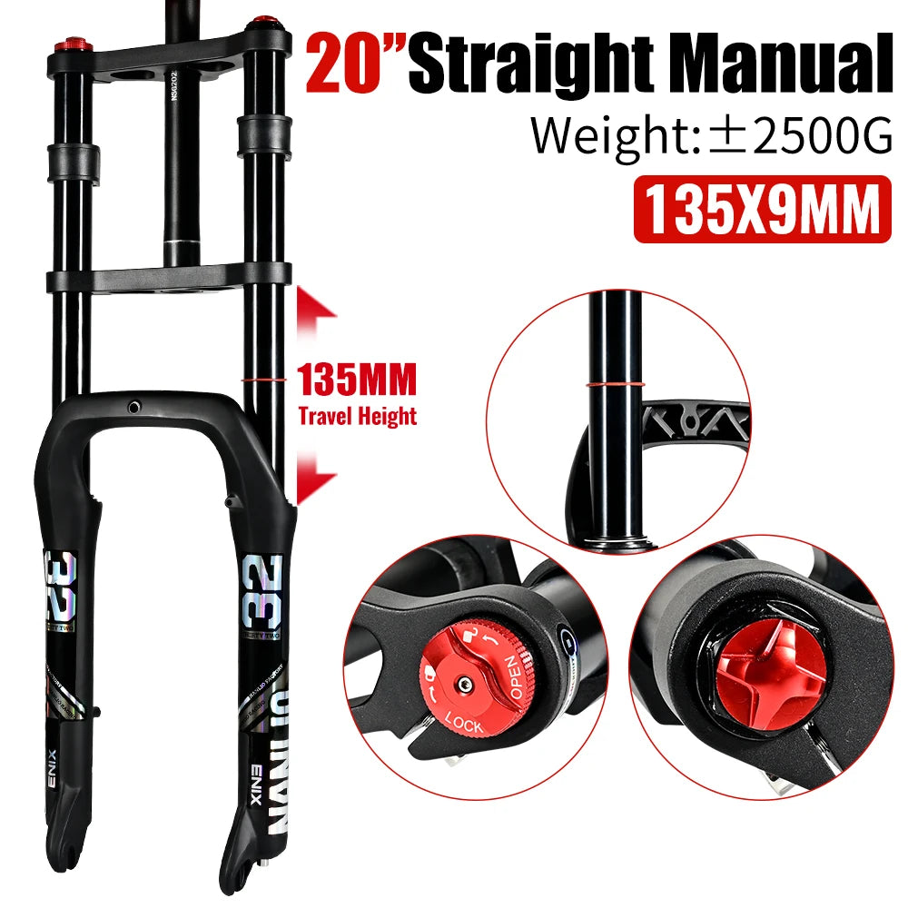 E-Bike Snow Front Suspension Fork 20x4.0 / 26x4.0 in | 135mm Dropout | Air + Oil MTB Fork, 330mm Travel