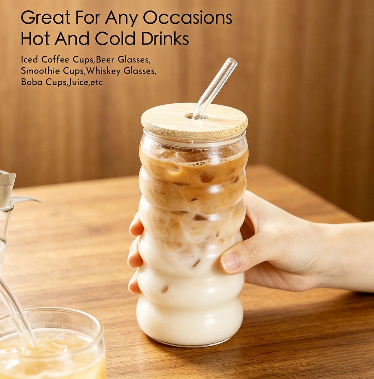 480ml (16.2 fl oz) High Borosilicate Glass Tumbler with Bamboo Lid & Straw Reusable Iced Coffee Cup