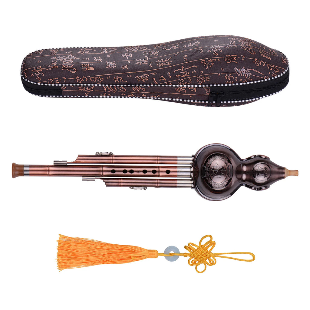 C-Key Hulusi 3-Tone Gourd Flute – Aluminum Body with Copper-Plated Pipes, Case & Decorative Knot