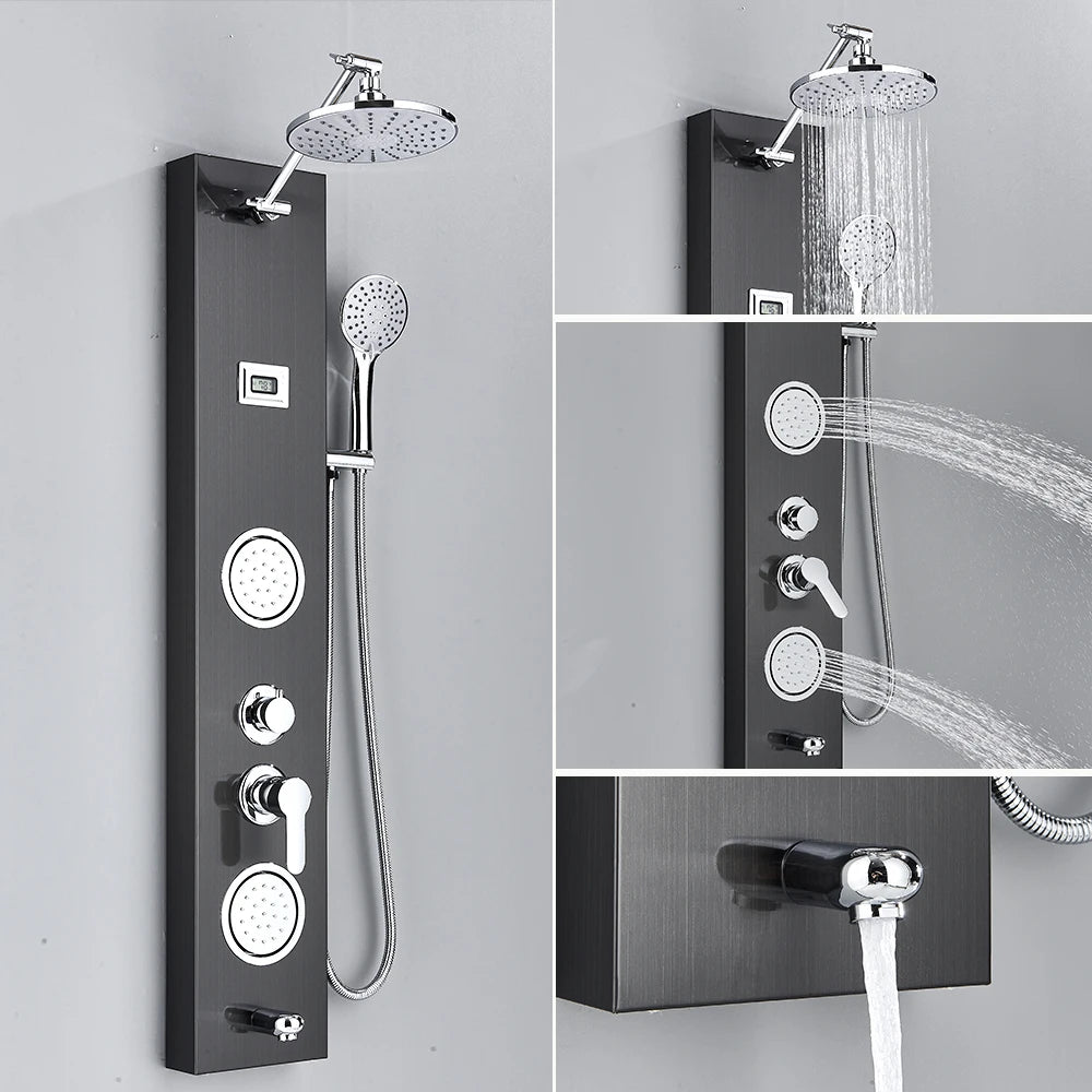 Black Shower Panel Column with Rain & Waterfall Shower Head, Massage Jets and Mixer Faucet