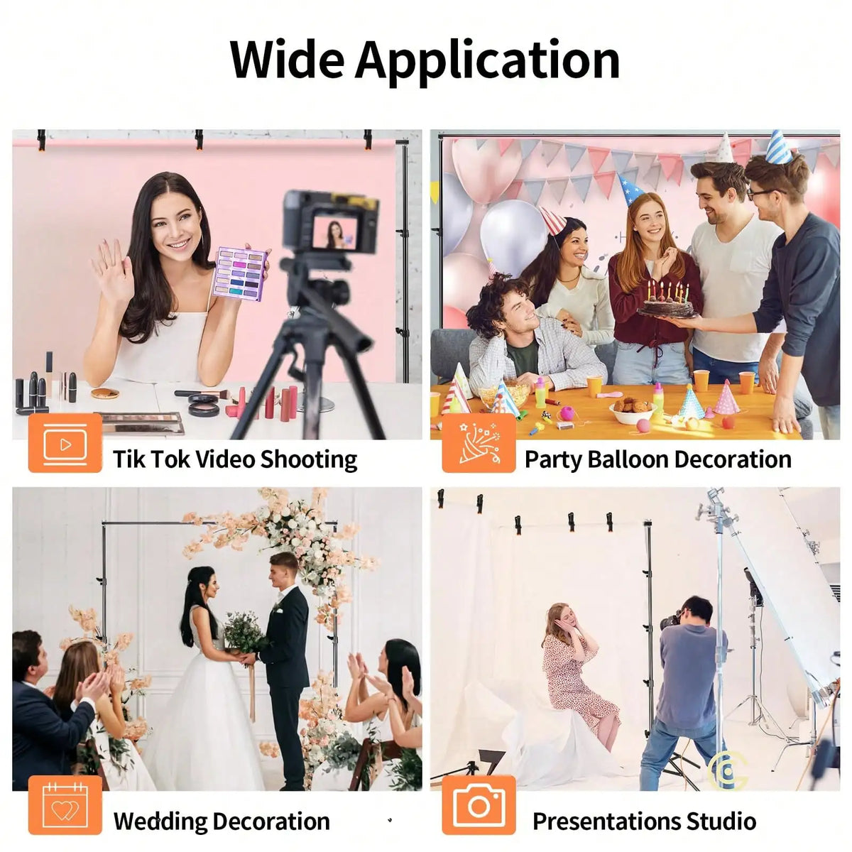 Adjustable Photo Backdrop Stand 10 x 7 ft (305 x 213 cm) Metal Background Support Kit with 4 Crossbars & 4 Clamps – Weddings, Parties, Studios