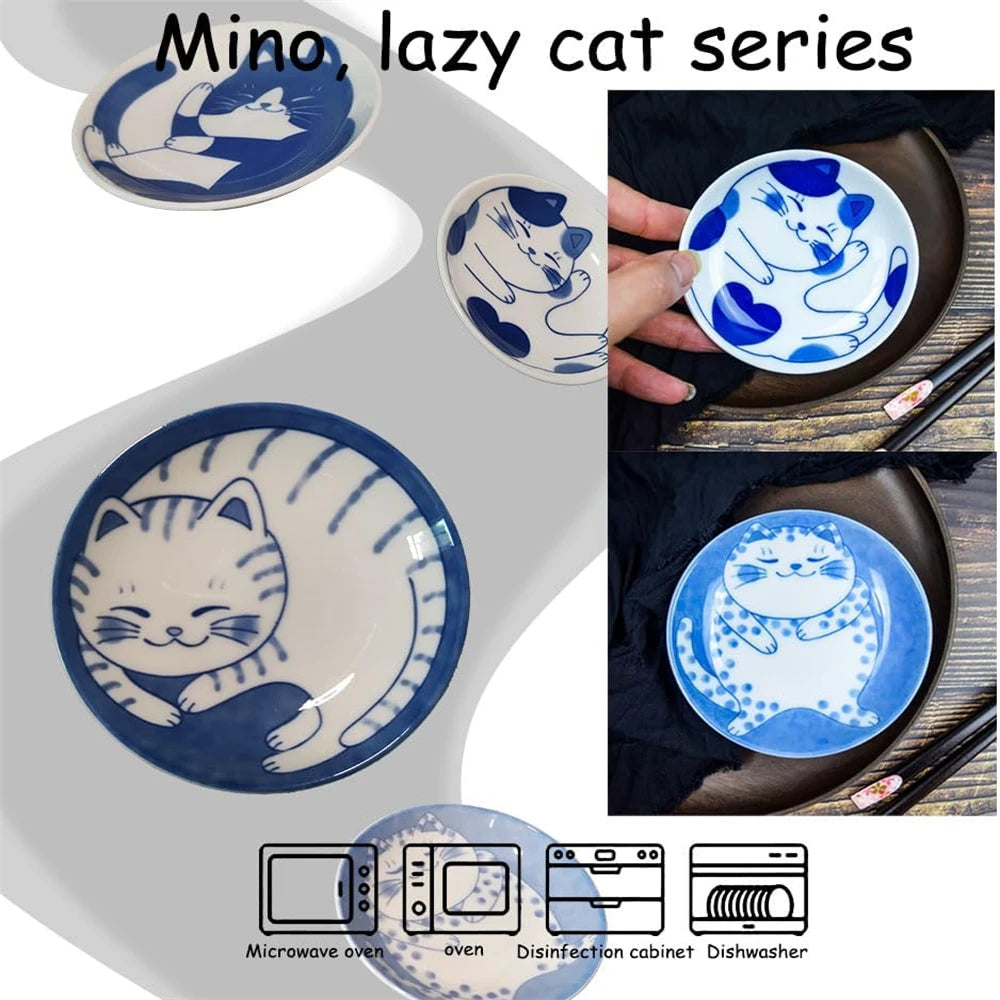 Japanese-Style Ceramic Lucky Cat Sauce Dish - Cute Dessert & Sushi Plate (1 or 4-Pack)