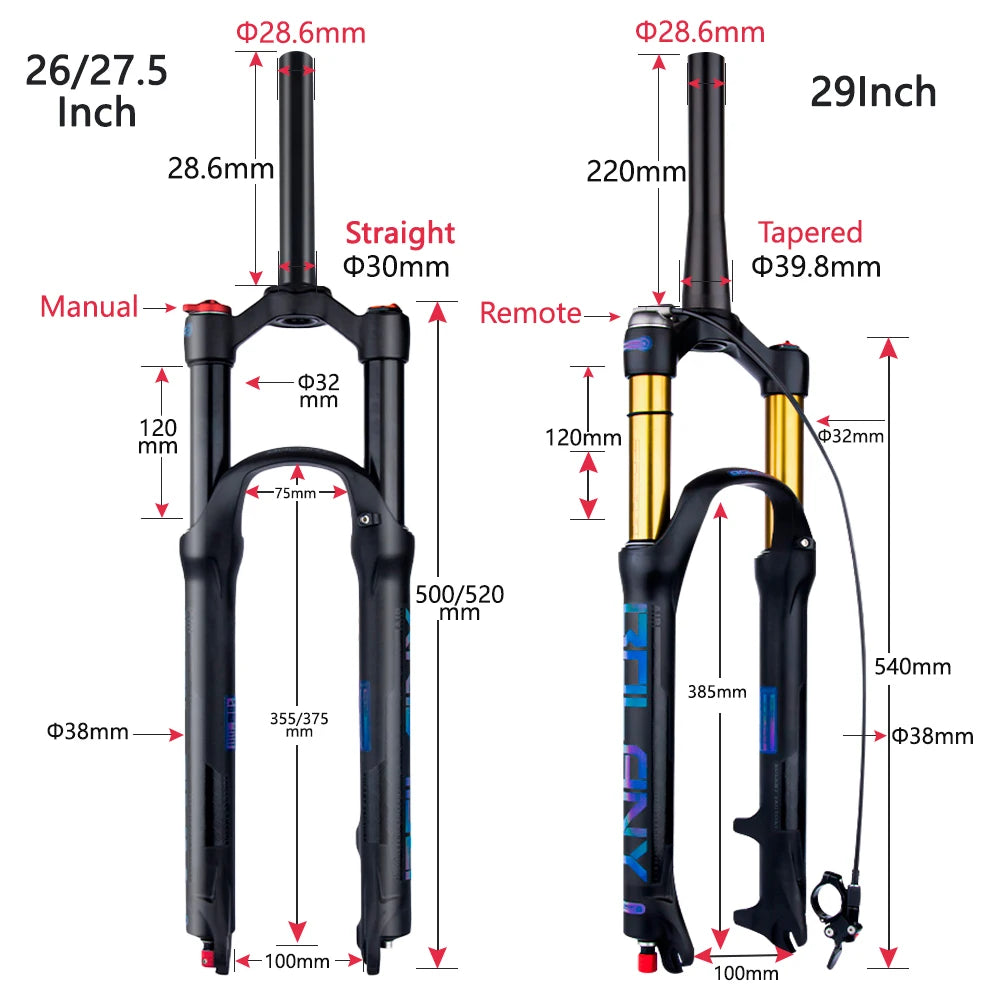 MTB Air Suspension Fork — 120mm Travel, Rebound Adjustable, 26/27.5/29 in, 9x100mm Quick Release, Disc Brake Compatible