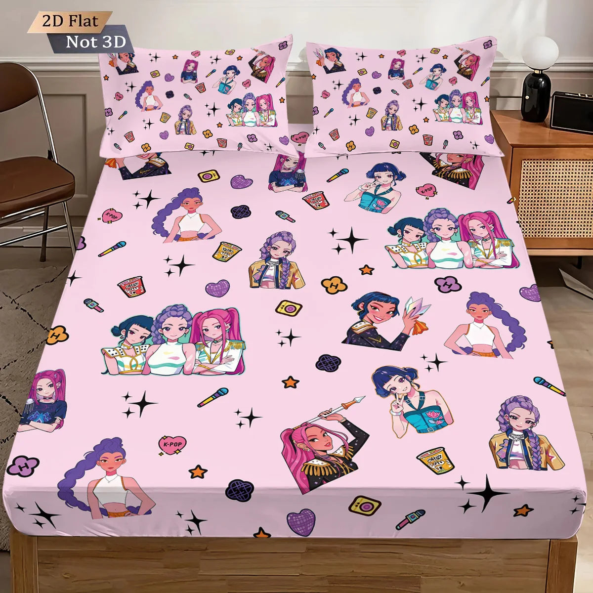 3-Piece K-Pop Demon Hunters Print Fitted Sheet Set – Multiple Sizes for Dorms & Bedrooms, Machine Washable