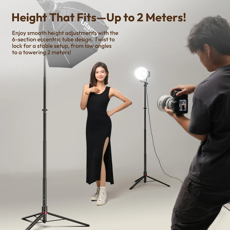 2.0 m (6.6 ft) Heavy-Duty Foldable Light Stand Tripod for LED Panel Lights & Cameras — 1/4-Inch Mount, 6-Section, 5 kg Load