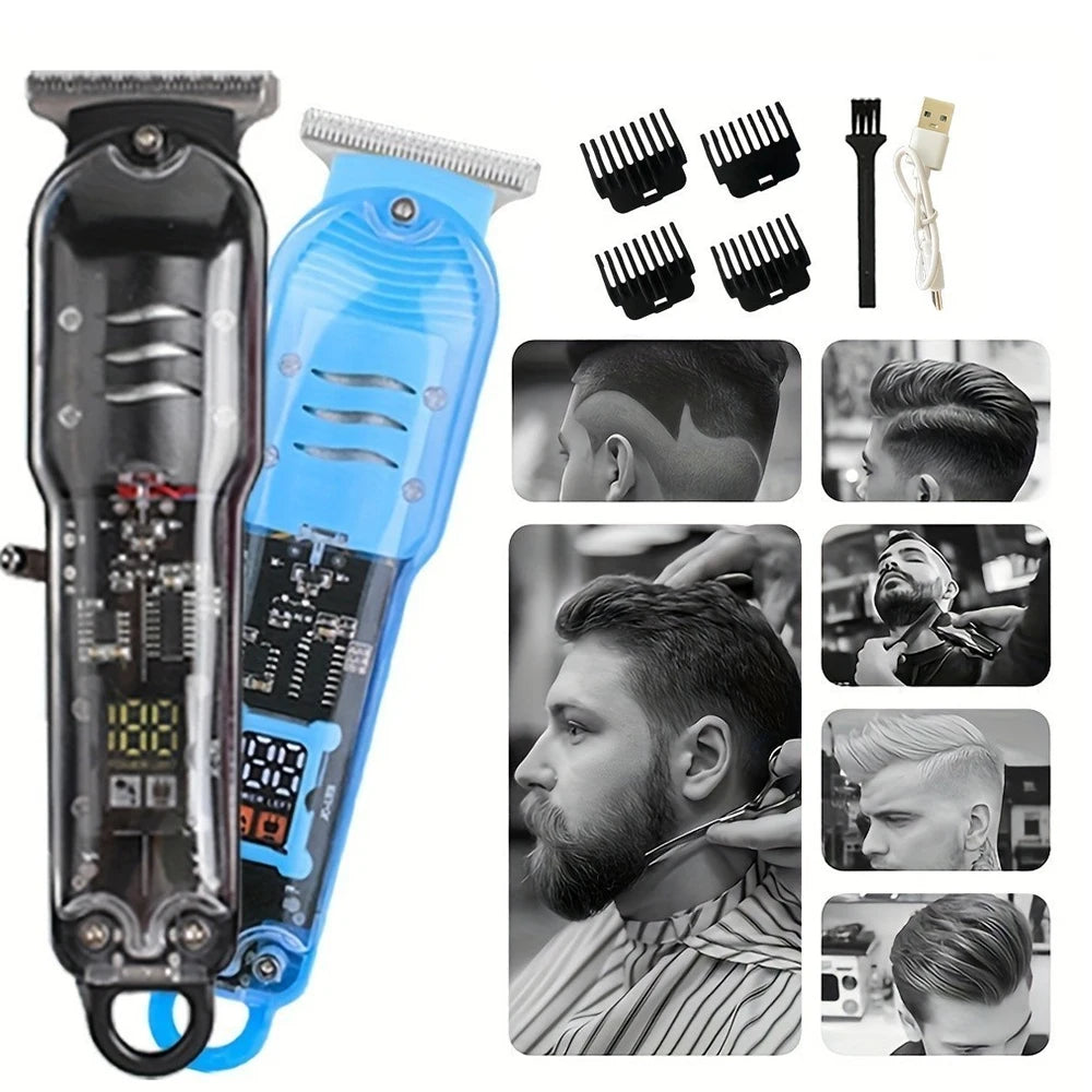 Cordless Electric Hair Trimmer with LCD Display – USB Rechargeable Transparent Precision Clipper