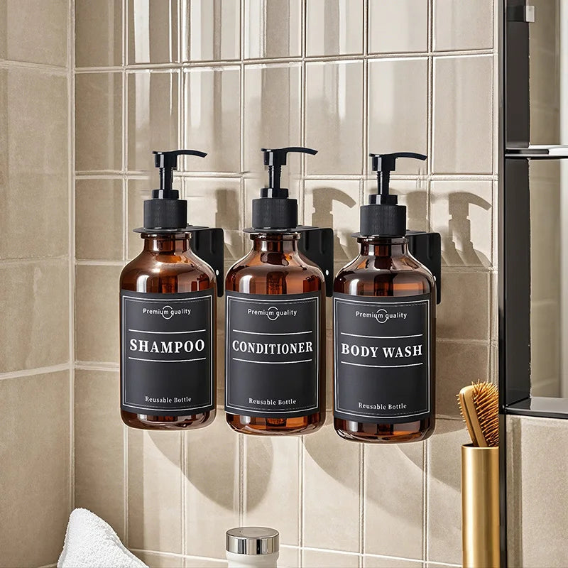 500ml (16.9 fl oz) Amber Refillable Pump Bottle Set with Black Label Stickers - Shampoo, Shower Gel & Liquid Soap Dispensers for Bathroom & Kitchen
