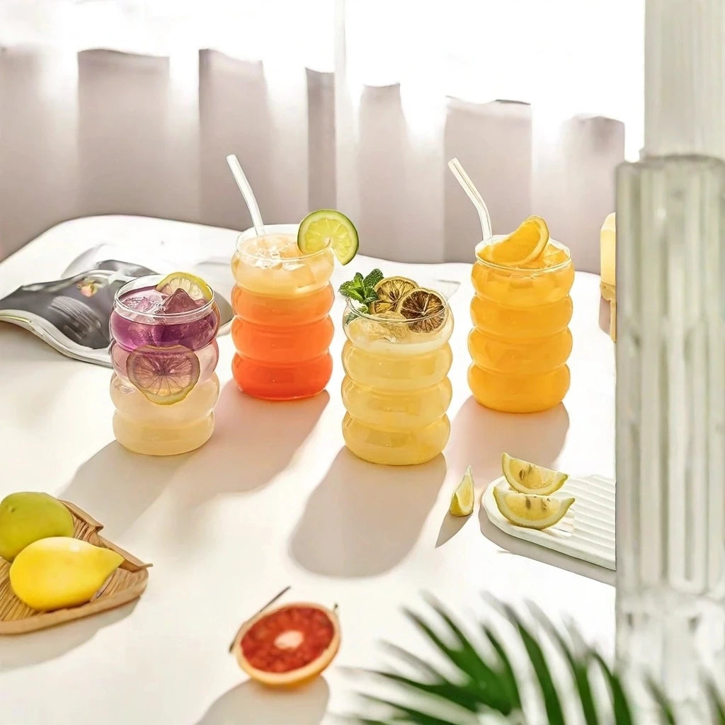 4-Piece Ribbed Borosilicate Glass Cups with Straws – Clear Drinkware Set for Coffee, Cocktails & Juice