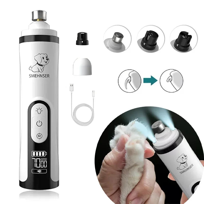USB Rechargeable Pet Nail Grinder with LED Light - Quiet Dog & Cat Nail Trimmer
