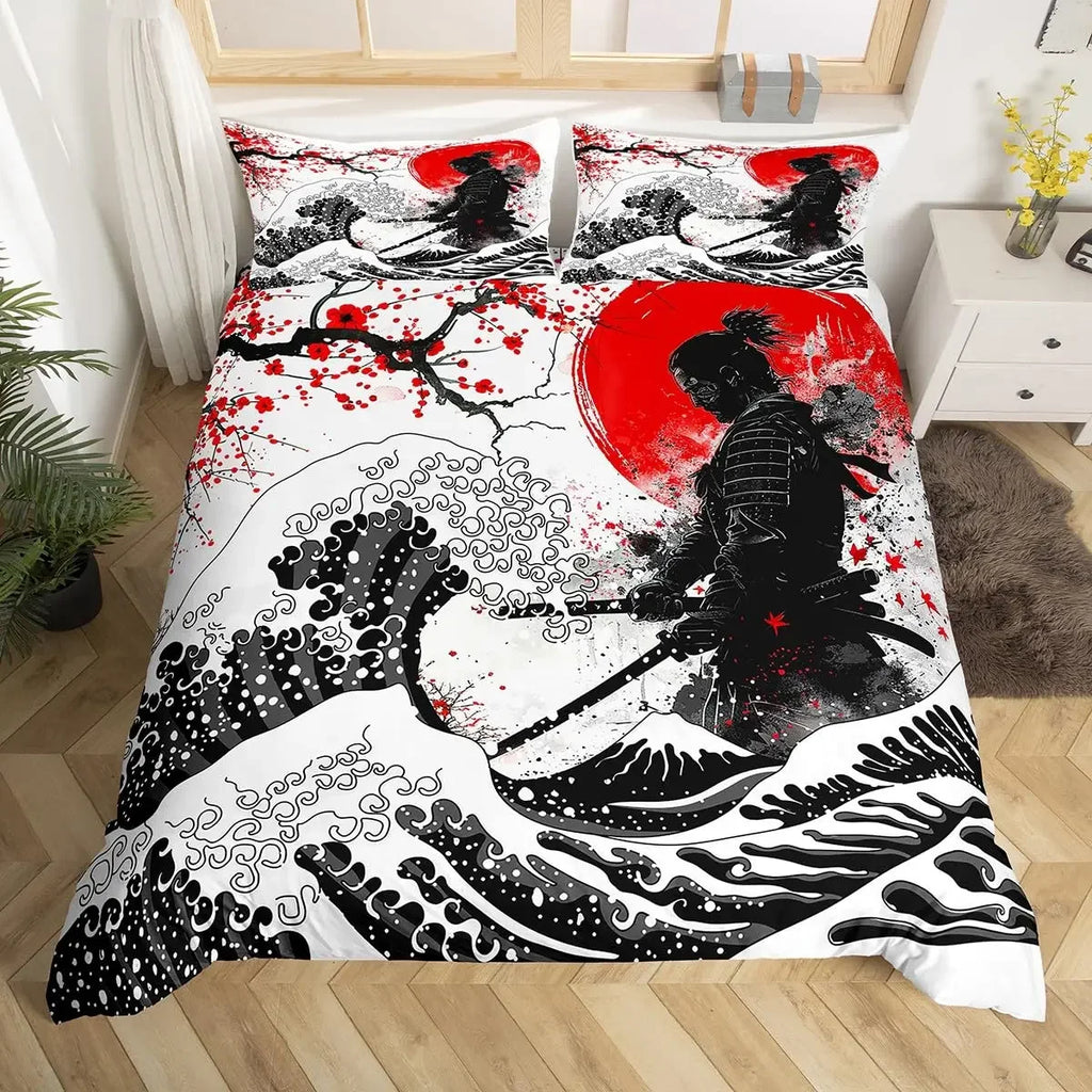 Japanese Samurai Duvet Cover Set 3-Piece - Cherry Blossoms Red Sun & Mount Fuji Print - Multiple Sizes (Twin/Full/Queen/King)