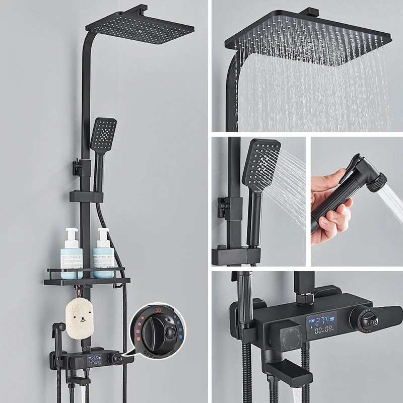 Black Thermostatic Shower Mixer with Digital Display, 4-Way Valve, 8-Inch (20 cm) Rainfall Head & Shelf