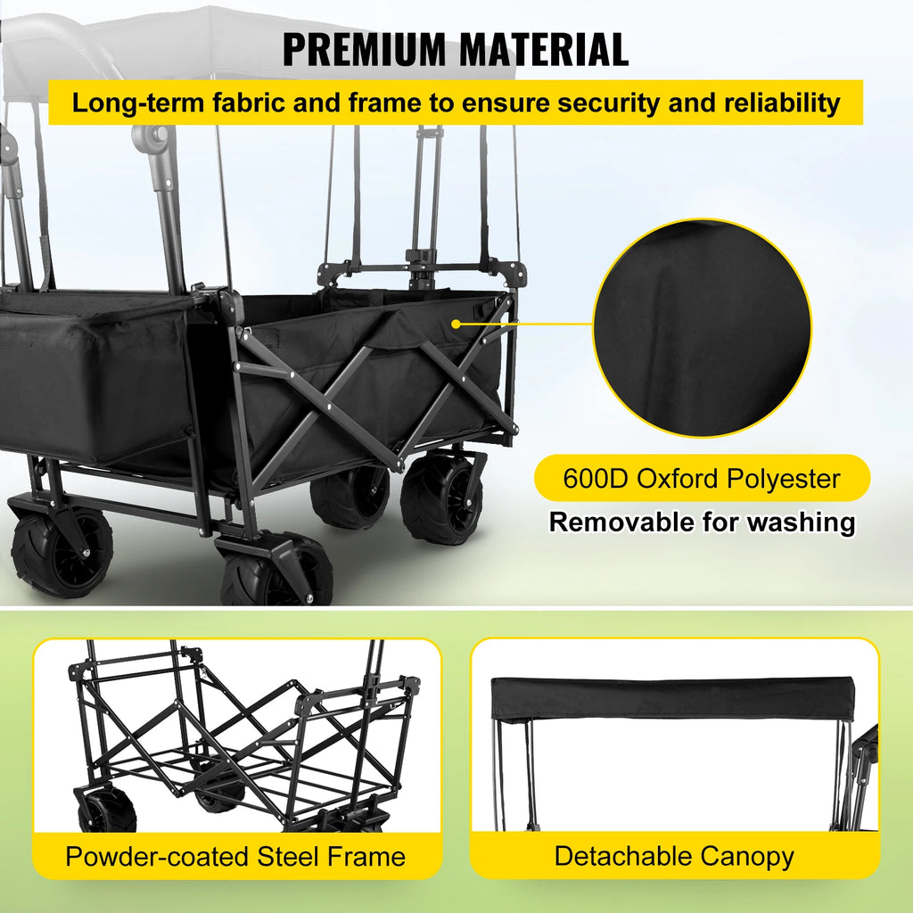 Folding Collapsible Wagon Cart with Adjustable Handle, Removable Canopy — 600D Oxford Utility Beach & Camping Cart