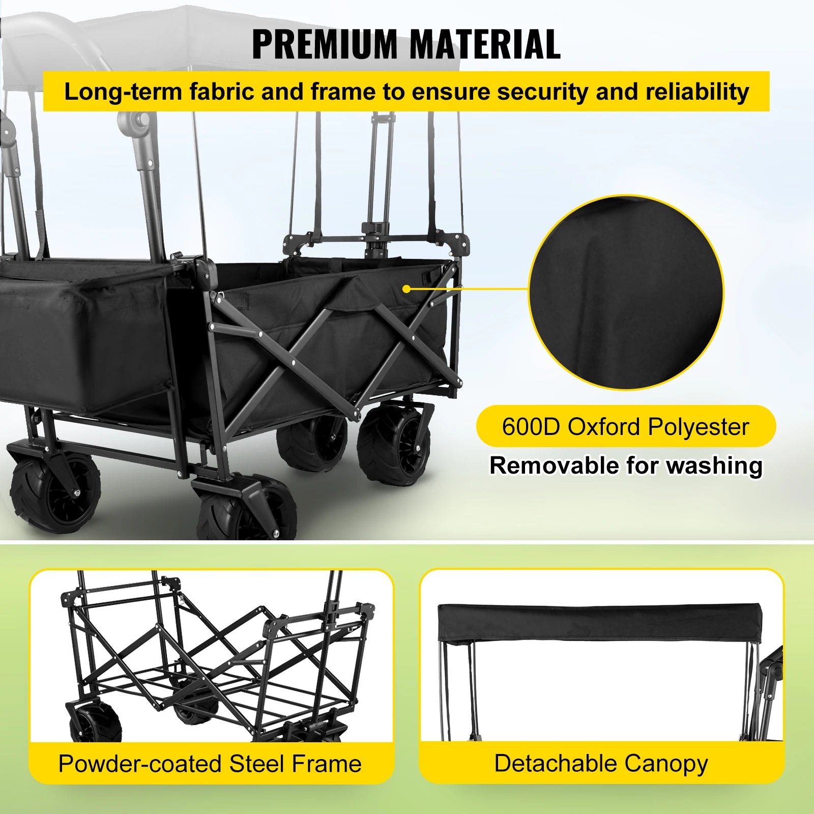 Folding Collapsible Wagon Cart with Adjustable Handle, Removable Canopy — 600D Oxford Utility Beach & Camping Cart