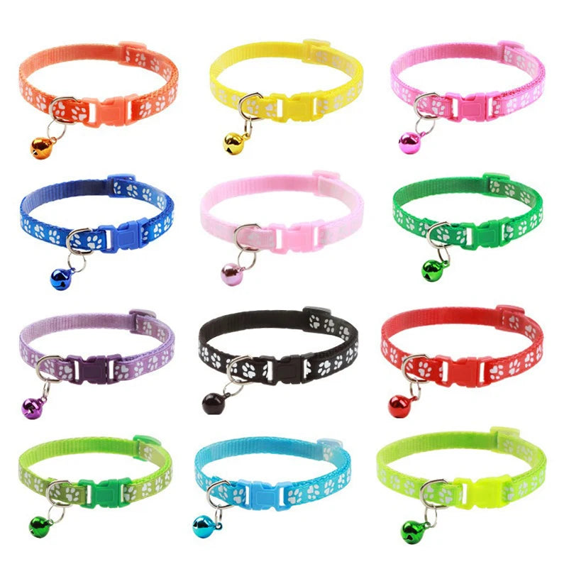 Adjustable Cat Collar with Bell and D-Ring, Dog-Print Rope Necklace, Multiple Colors