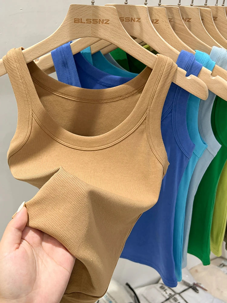 Women's Ribbed Round Neck Tank Top O-Neck Camisole Elastic Summer Basic Solid Tank