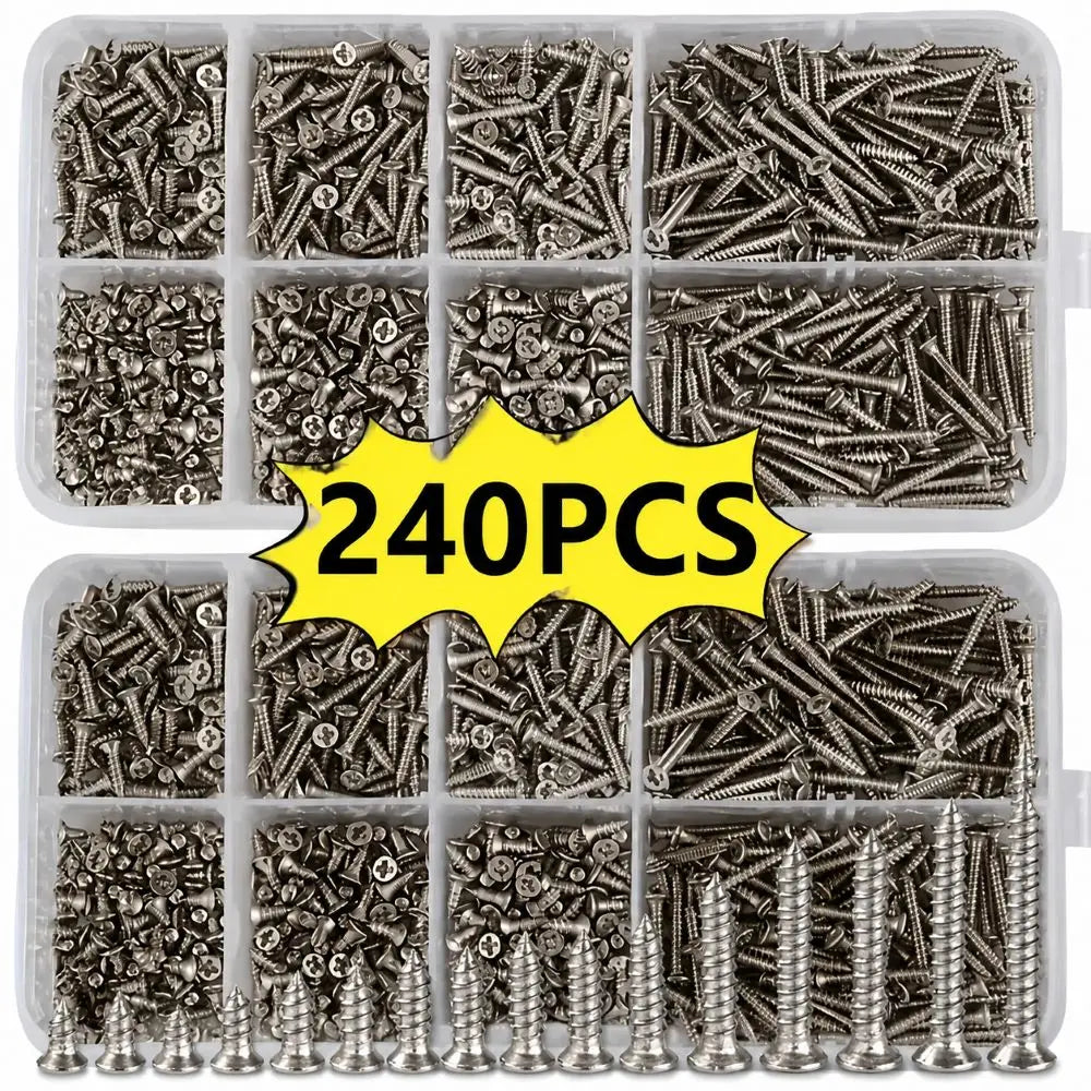 240-Piece Self-Tapping Wood Screw Set — 8 Sizes M2 (2mm) Flat Head Iron Screws with Organizer Box