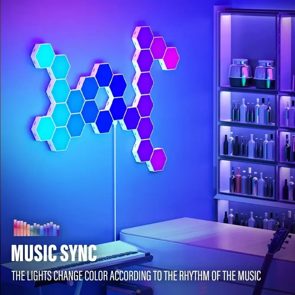 RGB Hexagonal Smart Wall Lamp – DIY Color-Changing Ambient Night Light with Music Sync & App Control for Game Room and Bedroom