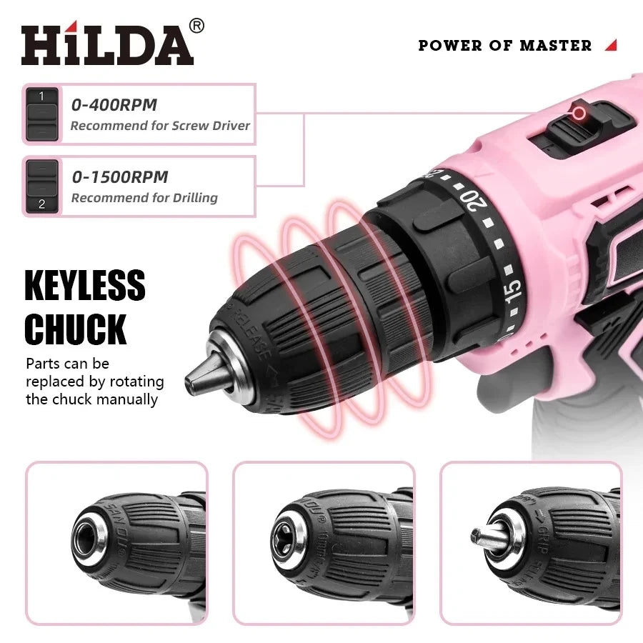 12V Mini Cordless Brushless Drill - 25+1 Torque Portable Electric Screwdriver Kit (Pink)