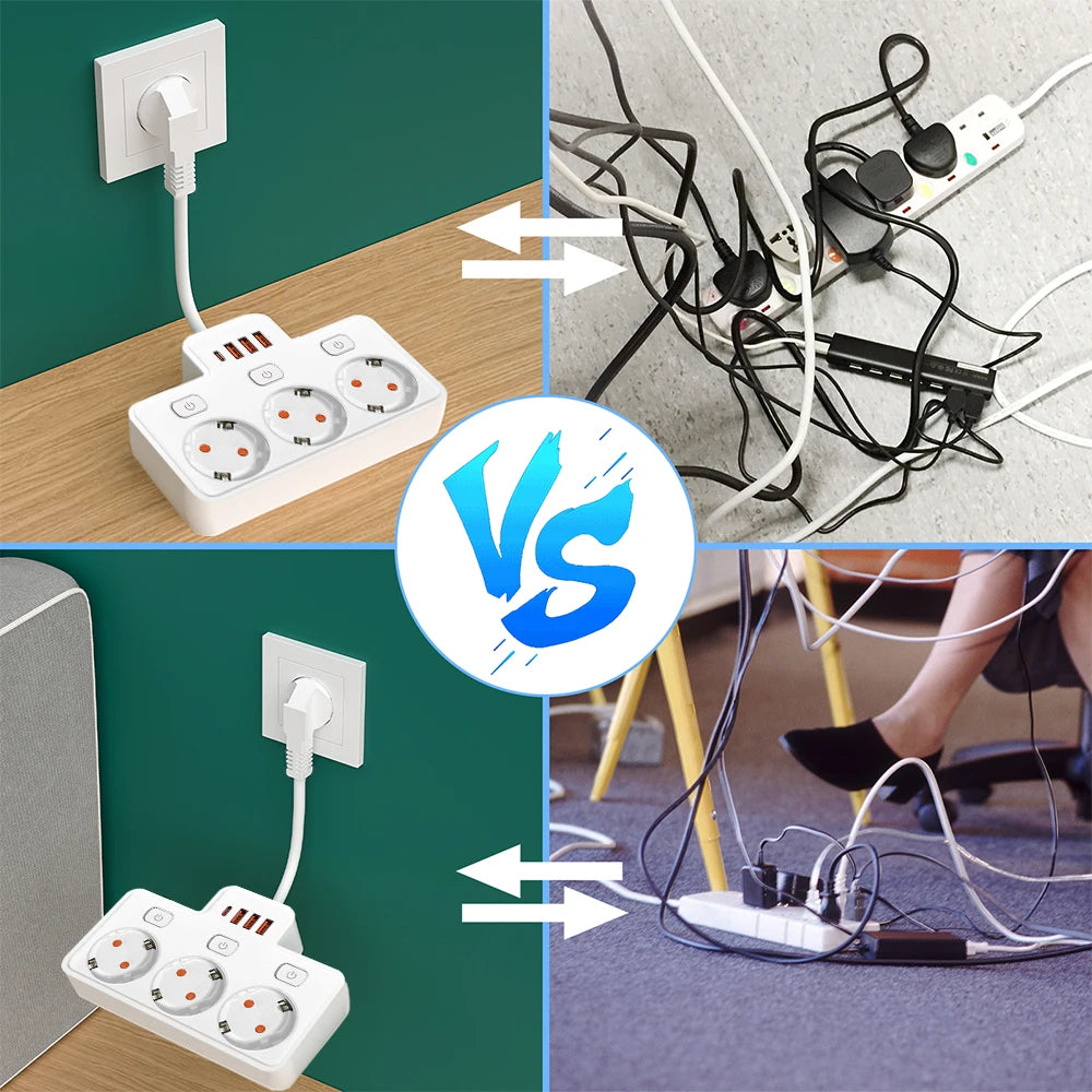EU Wall-Mounted Power Strip — 3 AC Outlets + 4 USB Ports, Independent Switches, 0.5 m (20 in) Cord
