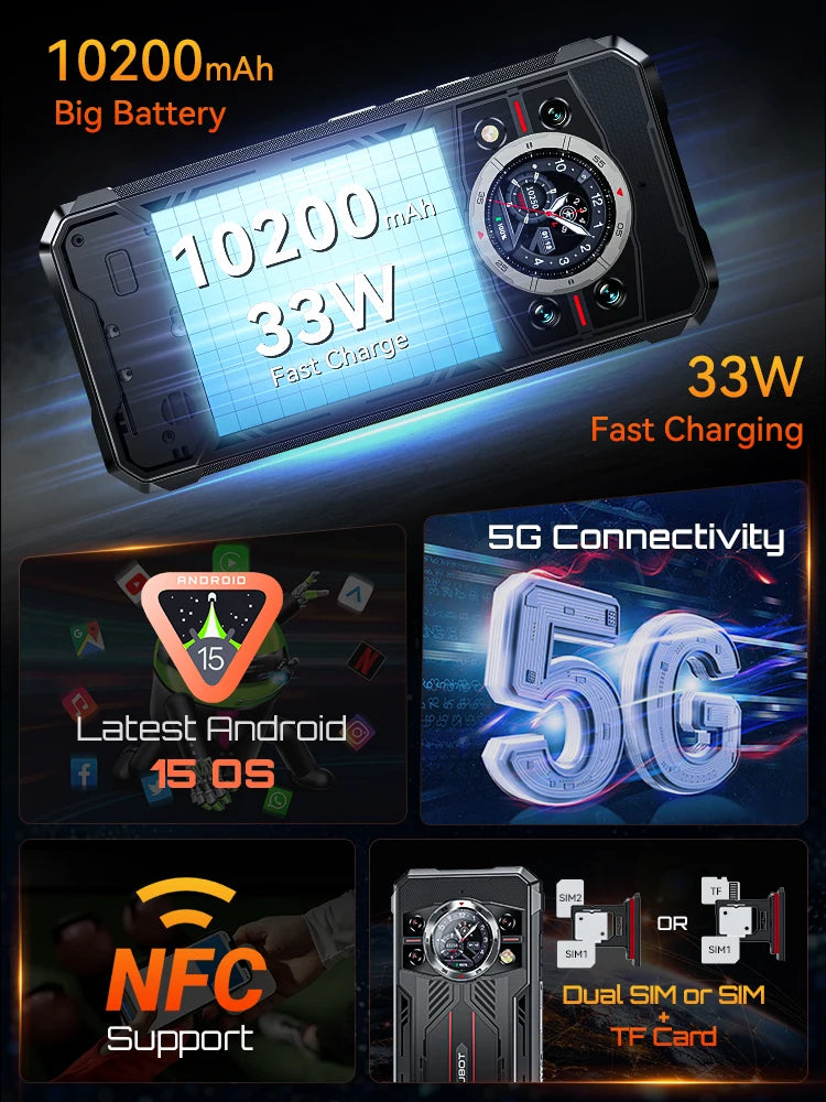 Rugged 5G Smartphone – 10200mAh Battery, Dimensity 7025 2.5GHz, 32GB RAM (16+16 Ext), 256GB Storage, 108MP Triple Camera, 6.72-inch FHD+ 120Hz, IP68/IP69K