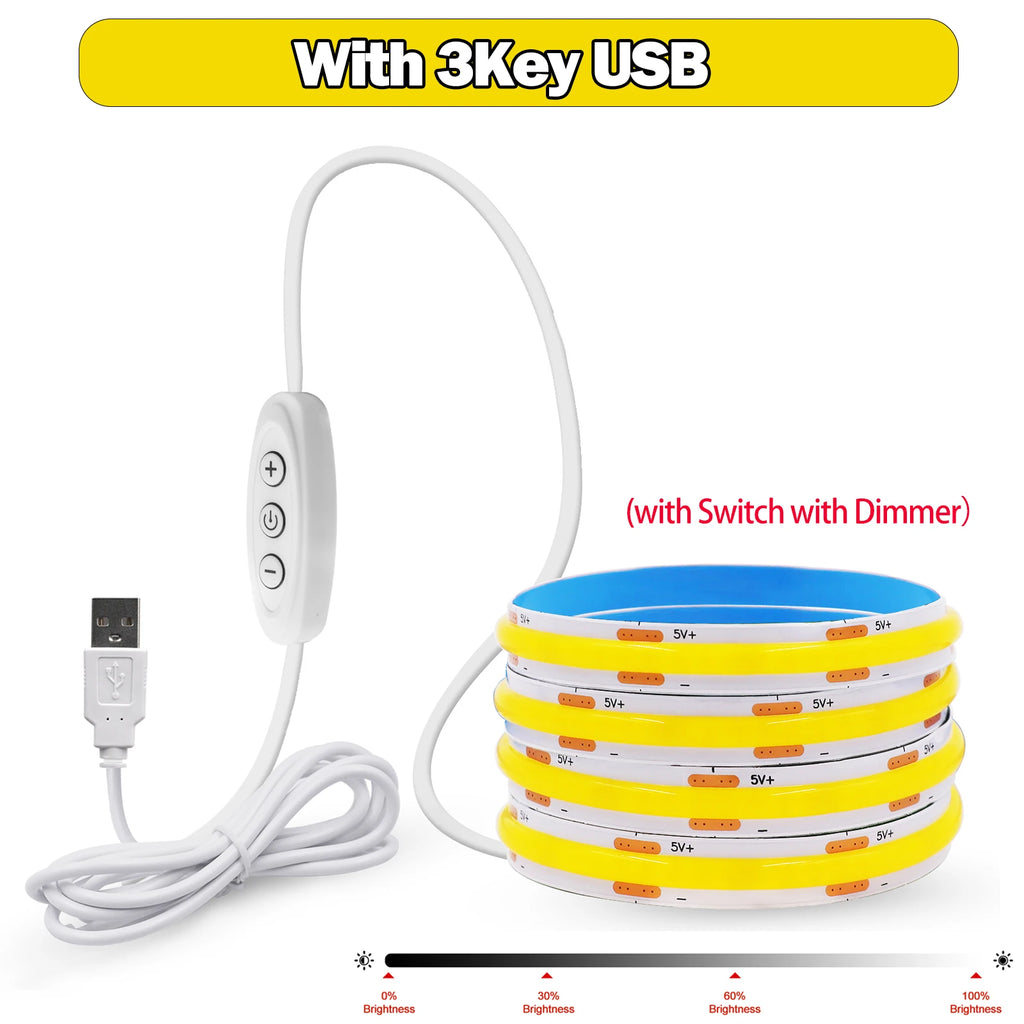 5V COB LED Strip Light USB Dimmable Touch Sensor Flexible Adhesive Tape TV Backlight