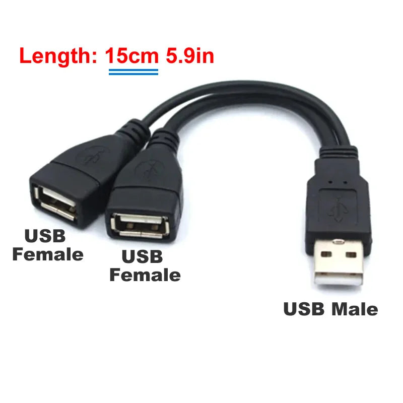 USB 2.0 Y Splitter Cable 1 Male to 2 Female — Data & Charging, 5.9 in (15 cm) or 11.8 in (30 cm) for PC & Car