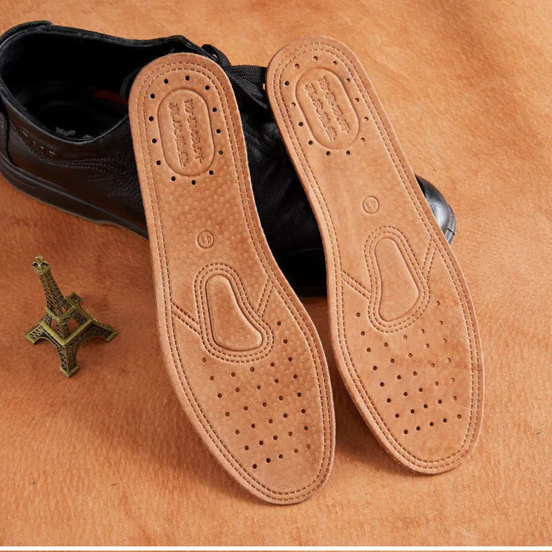 Genuine Cowhide Leather Insoles for Men - Breathable Anti-Slip Shock-Absorbing Shoe Inserts (EU35-46 / 225-280 mm)