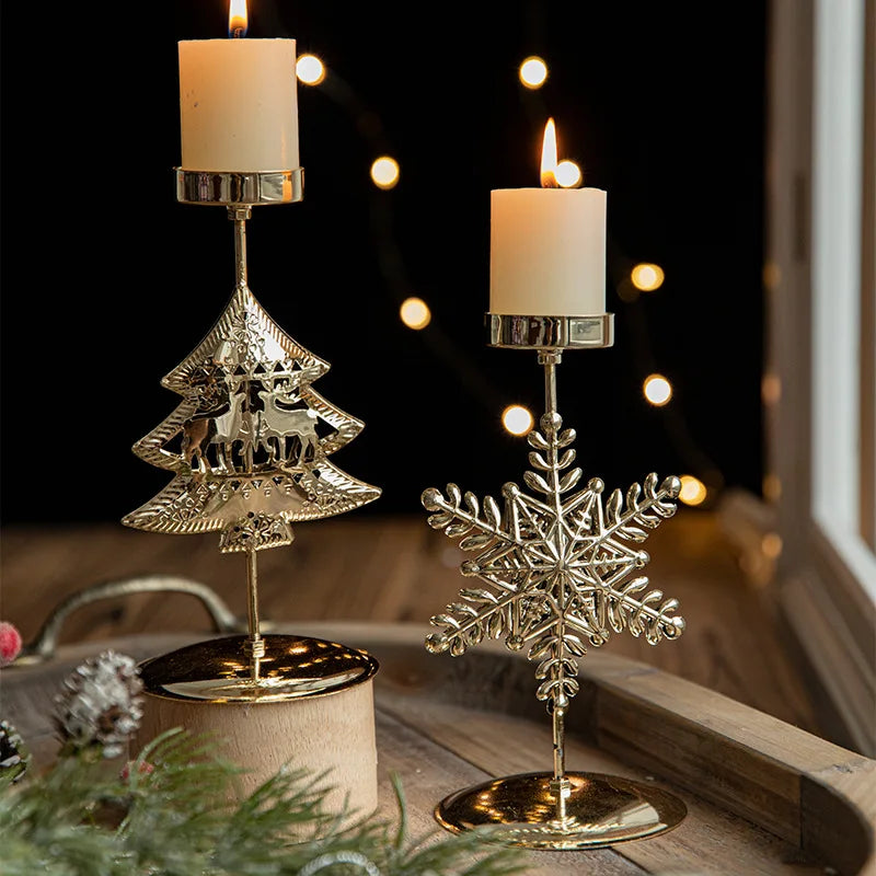 Golden Wrought Iron Christmas Candle Holder - Star, Elk & Tree Holiday Centerpiece for Table Decor
