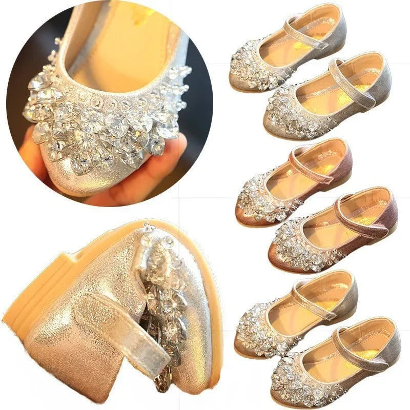Girls Crystal Princess Flats – Shiny PU Leather Party & Wedding Shoes for Kids, EU Sizes 26-36 (Gold Pink Silver)