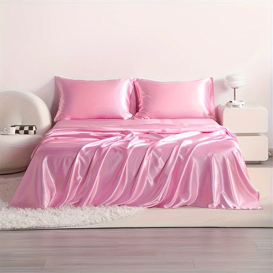 4-Piece Cooling Satin Bed Sheet Set – Breathable Hypoallergenic 500TC Flat Sheet, Fitted Sheet & 2 Pillowcases
