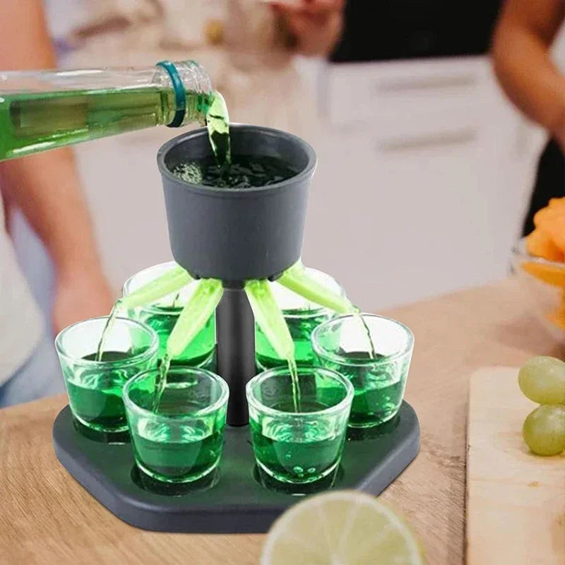 6-Shot Liquor Dispenser Shot Glass Drinking Game — 1.5 fl oz (44 ml) Cups, 1 L (1000 ml) Center Reservoir — Party & Home Bar with Removable Lid