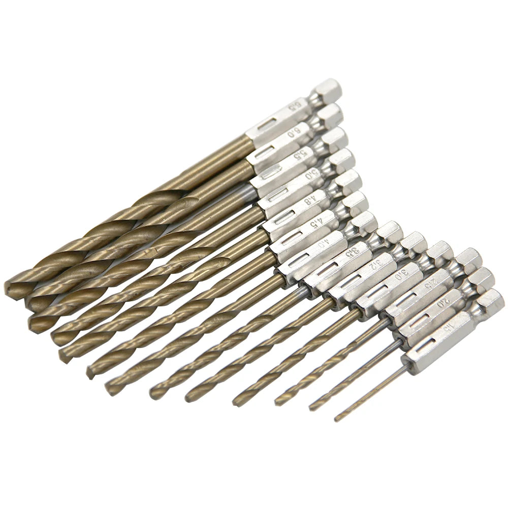 13-Piece Titanium-Plated Hexagonal Shank Twist Drill Bit Set 1.5–6.5 mm (0.06–0.26 in) for Electric Drill, Driver & Air Screwdriver