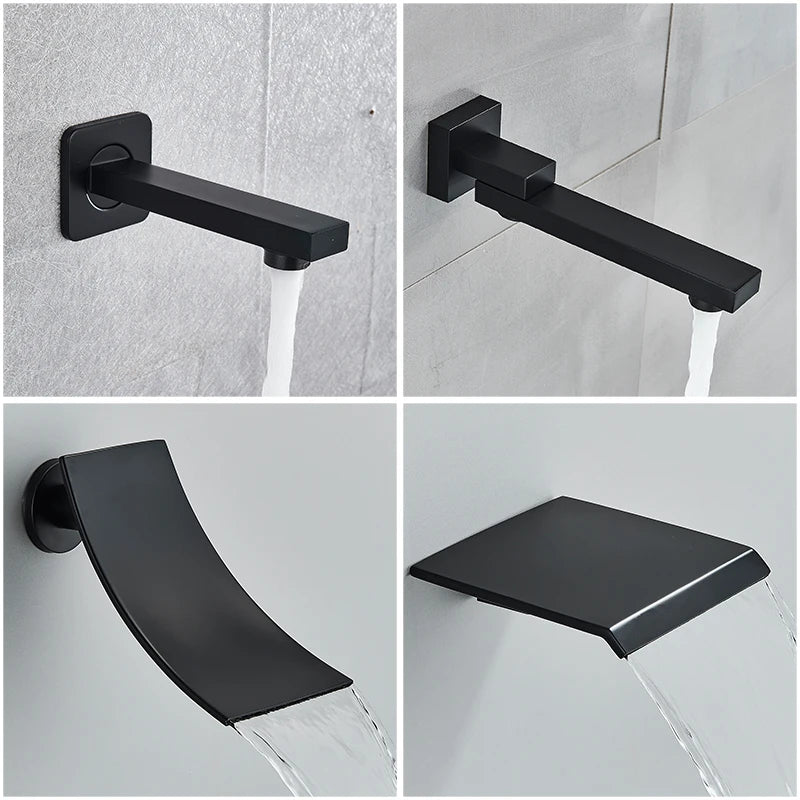 Matte Black Concealed In-Wall Rainfall Shower System with Tub Spout - Wall-Mount Mixer Faucet Set