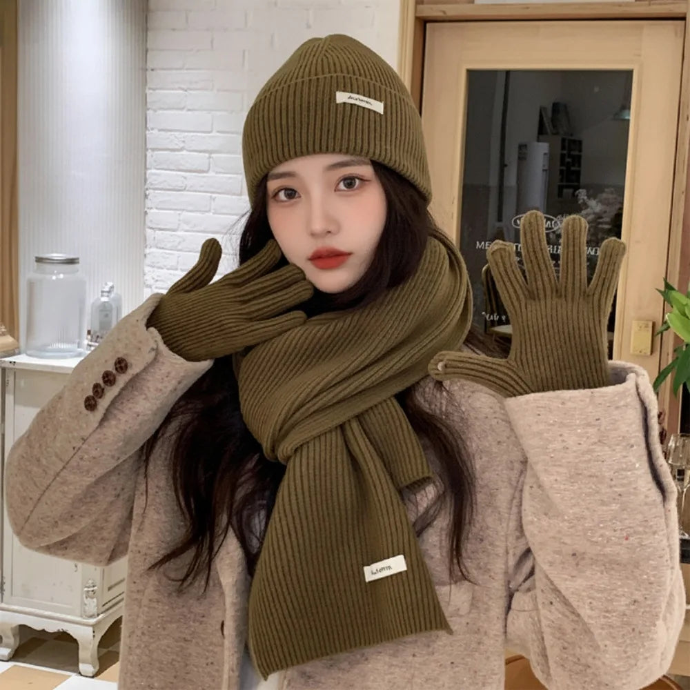 Women's 3-Piece Red Knit Cotton Hat, Scarf & Gloves Set — Thick Winter Beanie with Ear Protection, Warm Holiday Gift